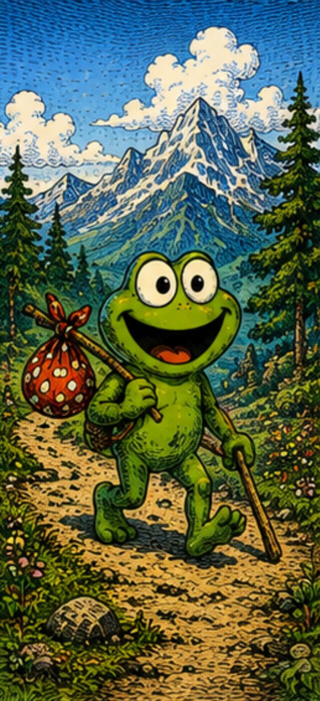 Oggie hiking a mountain trail with a bindle over his shoulder