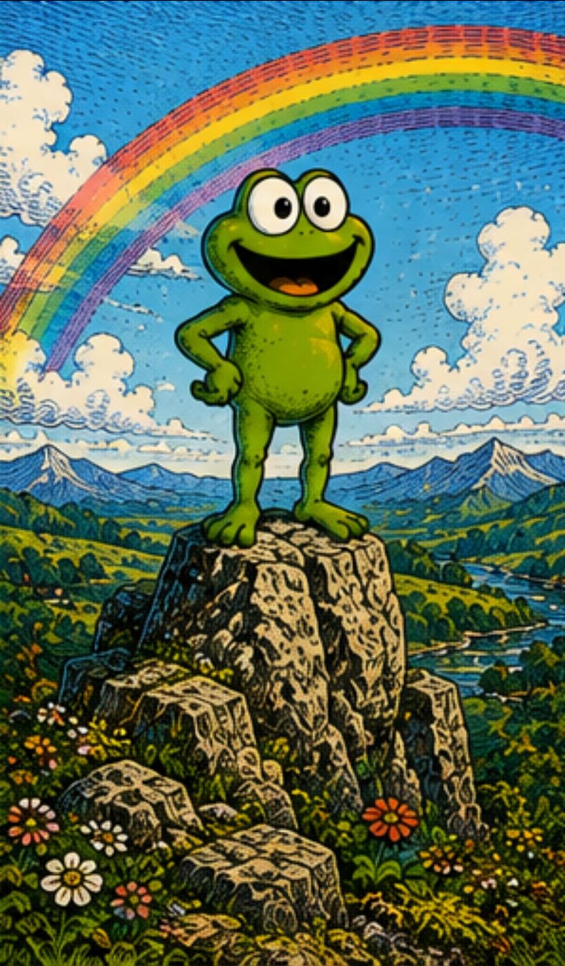 Oggie standing hands on hips on a rock under a rainbow
