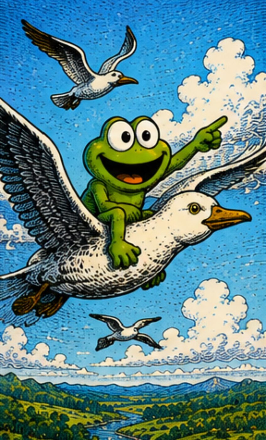 Oggie riding a seagull above a green valley, pointing ahead