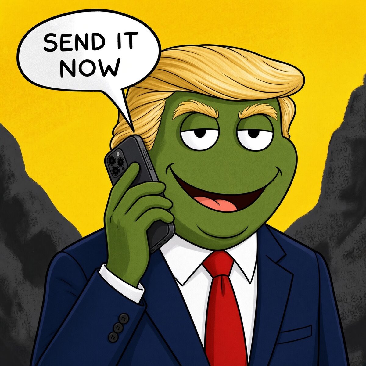 Example of the modern meme vibe: Oggie in a suit with blond hair on the phone saying SEND IT NOW